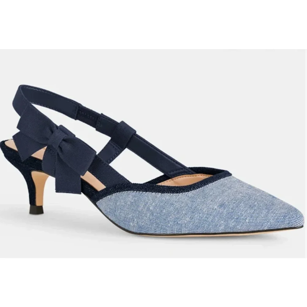NEW TALBOTS CHAMBRAY DARK DENIM SYLVIE BOW SLINGBACK PUMPS SHOES SZ 6